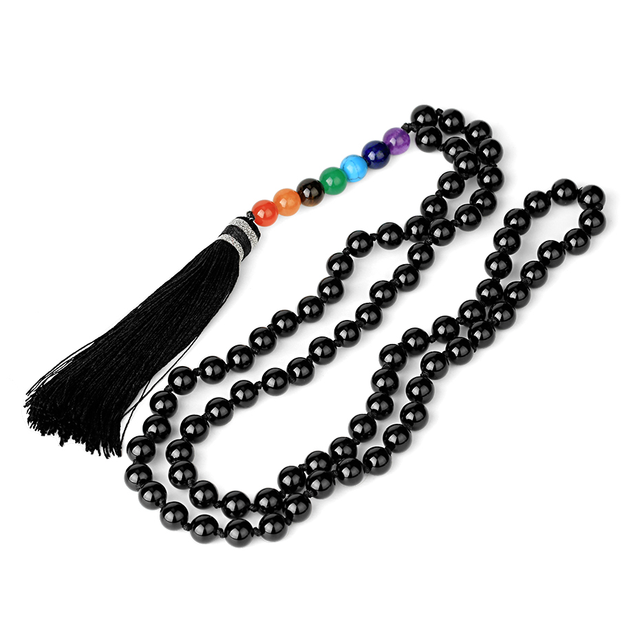 Collier Sept Chakras en Onyx "Stabilité & Maîtrise de soi" - Houppe