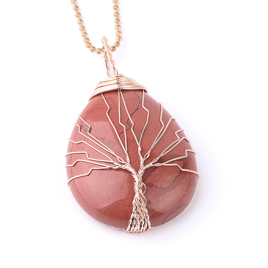 Chaîne et son Pendentif Reiki en Jaspe rouge "Force & Spiritualité" - Goutte & Arbre de vie